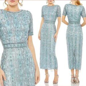 MAC DUGGAL 5980 HIGH NECK SHORT SLEEVE CRYSTAL FRINGE FRENCH BLUE MIDI DRESS 12